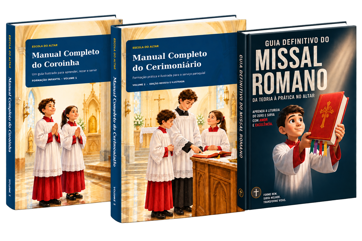 Mockup dos três e-books: Manual Completo do Coroinha, Manual Completo do Cerimoniário e Guia Definitivo do Missal Romano.