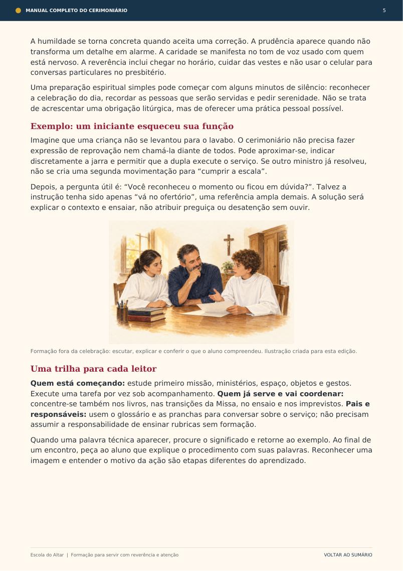 Página real do Manual do Cerimoniário sobre a postura de quem orienta e forma a equipe.